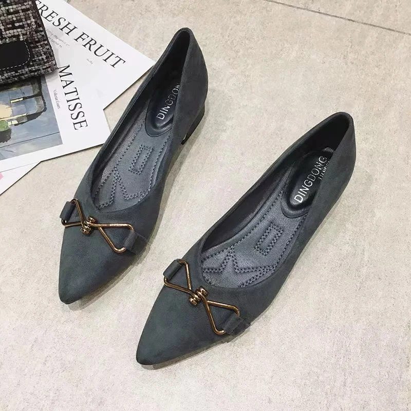 women shoes suede pointed toe metal bow decoration slip on flats mid-heel thick heel black loafers dress shoes