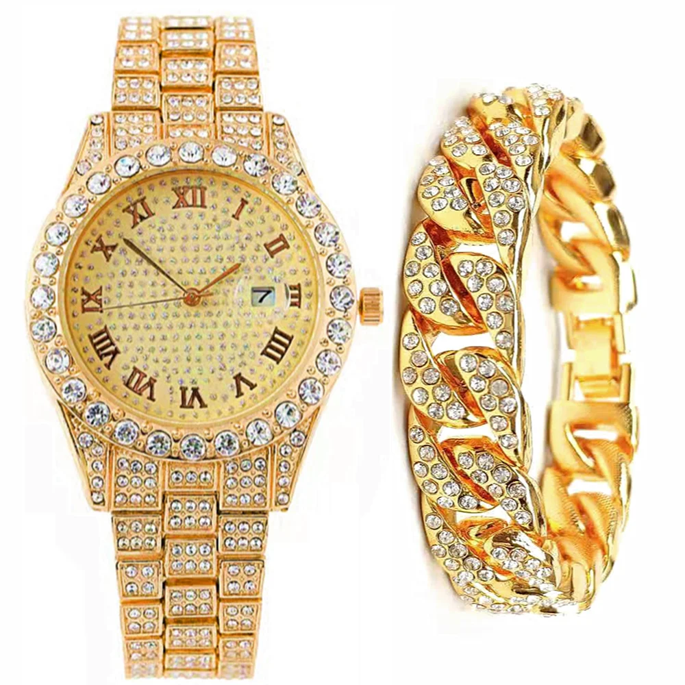 

Full Iced Out Watch + Bracelet for Men Bling Miami Cuban Chain Bracelet Watches Men Hip Hop Luxury Gold Watch Set Women Relojes