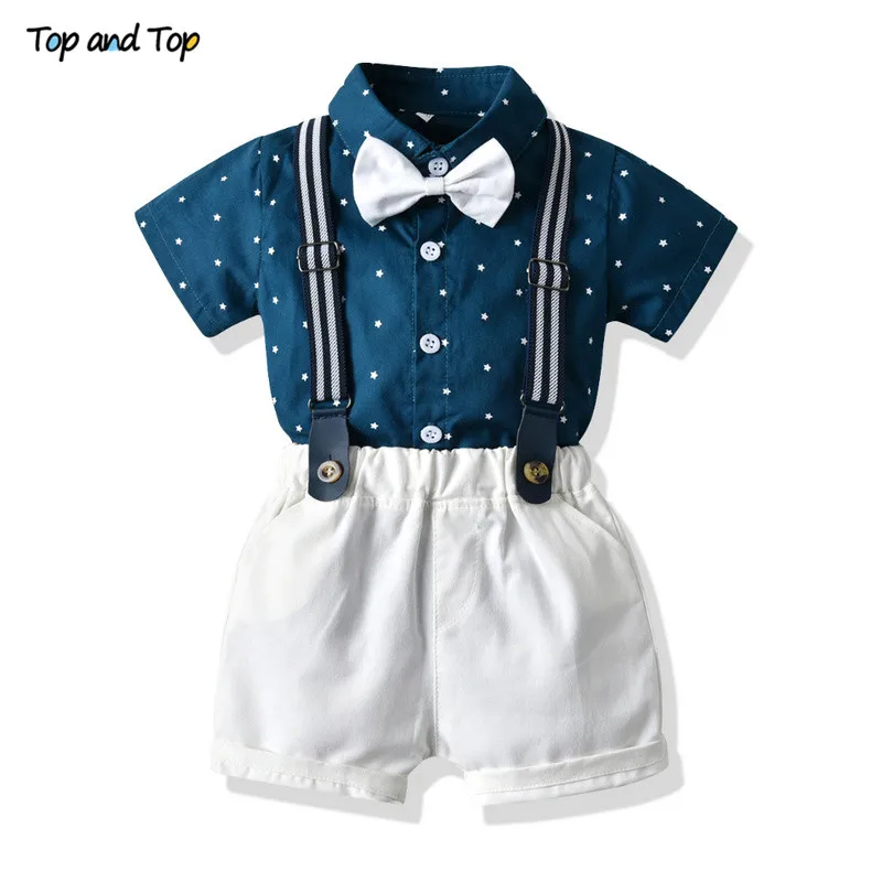 

Top and Top Summer Fashion Toddler Boys Gentleman Clothing Sets Short Sleeve Bowtie Stars Pattern Shirt+Suspender Shorts Outfits