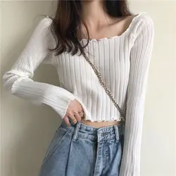 Woman TShirts Autumn Top Sexy Knitted Women's Short Long-Sleeved T-shirt Crop Top Mujer Camisetas