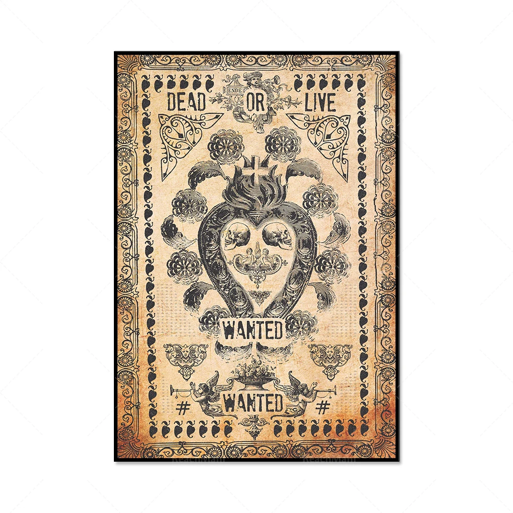 Dead or Alive or Skull Dove - Vintage Print - Dead or Alive Decorative Canvas Typographic Poster in Tattoo Pattern