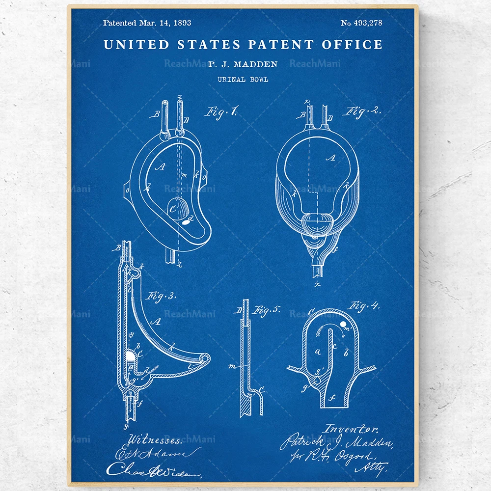 Impression de brevet de toilette. Affiche de Blueprint urinoir. Salle de bain Wall Art, décor de toilettes.