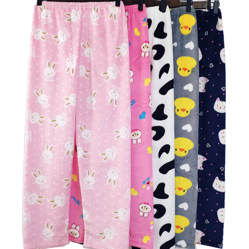 Winter Cute Cartoon Pajamas Pants Warm Flannel Home Pants Soft Fluffy Plush Pants Loose And Comfortable Women\'S Pajamas Pants