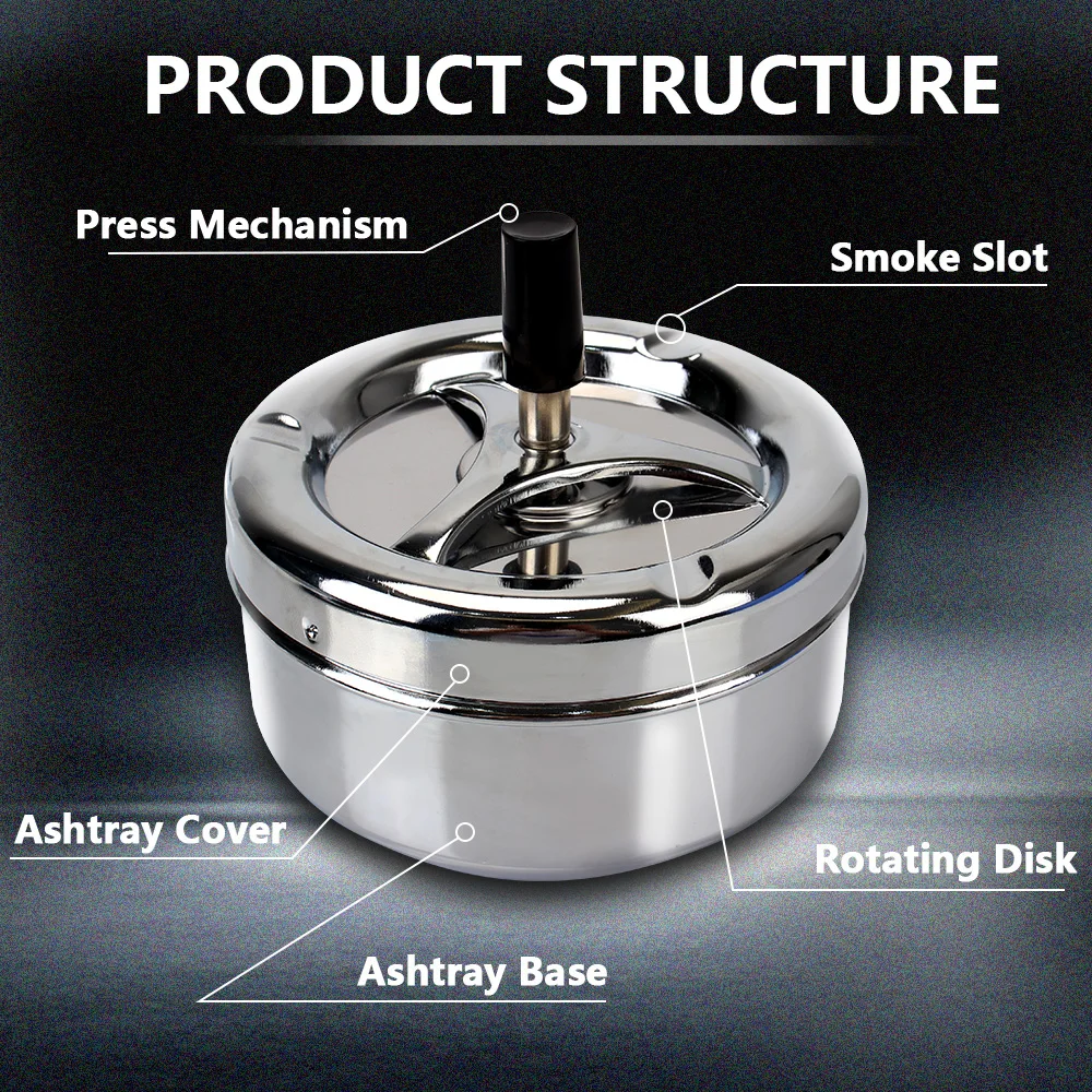 Press Rotating Lid For Home Office Hotel Stainless Steel Spinning Plain Ashtray Cigarette Ash Tray Cigarette Ashtray