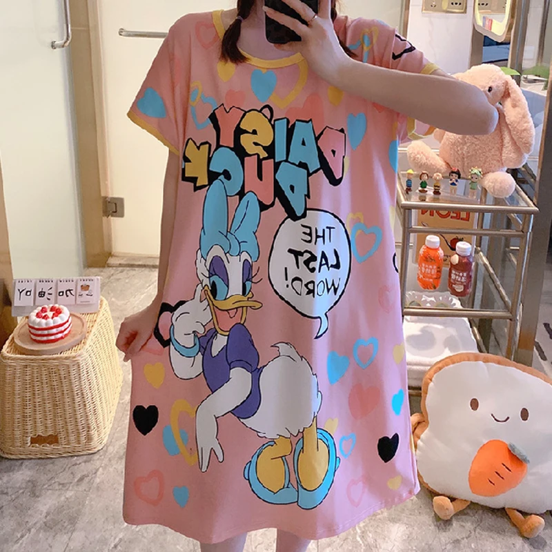 Nightdress Women Summer Color Mickey Cartoon Loose Nightgown Mid-Length Home Service Skirt Casual Nightdress