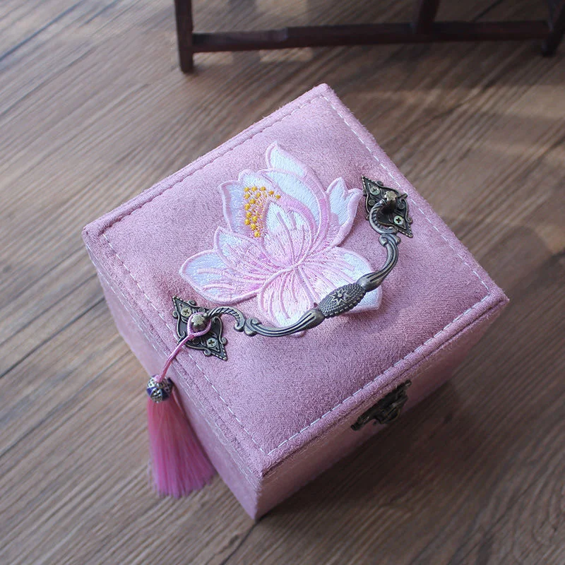 Antique Style Jewelry Box, Lotus Necklace, Embroidered Flowers, Three Layer with Lock, Chinese Style