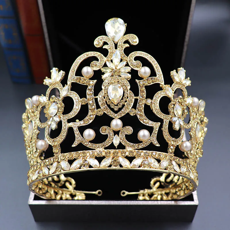 

Pearl Rhinestone Bridal Tiaras Queen Big Crowns Women Crystal Baroque Bride Jewelry Pageant Diadem Wedding Hair Accessories