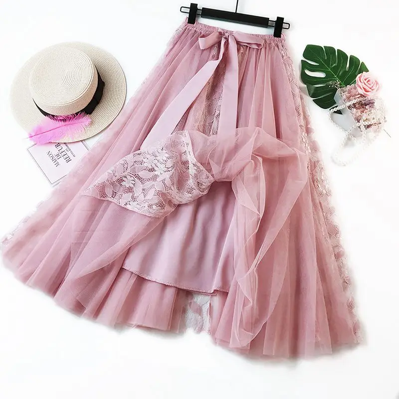 Korean Style Women Lace Patchwork Gauze Skirt Female Elastic High Waist Bow Lace-up Pleated Long Skirts Saias 2021 Autumn SK231