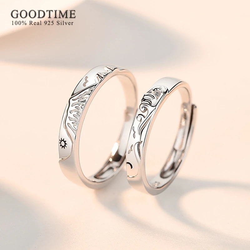 Fashion Lovers Ring Pure 100% 925 Sterling Silver Ring For Women Men Mountain & Sea Sun & Moon Couple Ring For Wedding Party