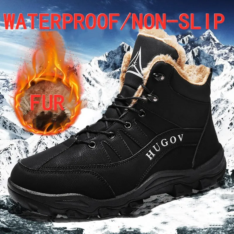 

High-top Men's Winter Snow Boots Keep-warm Fur Ankle Boots for Men Male Anti-slippery Black Platform Boots Waterproof Shoes