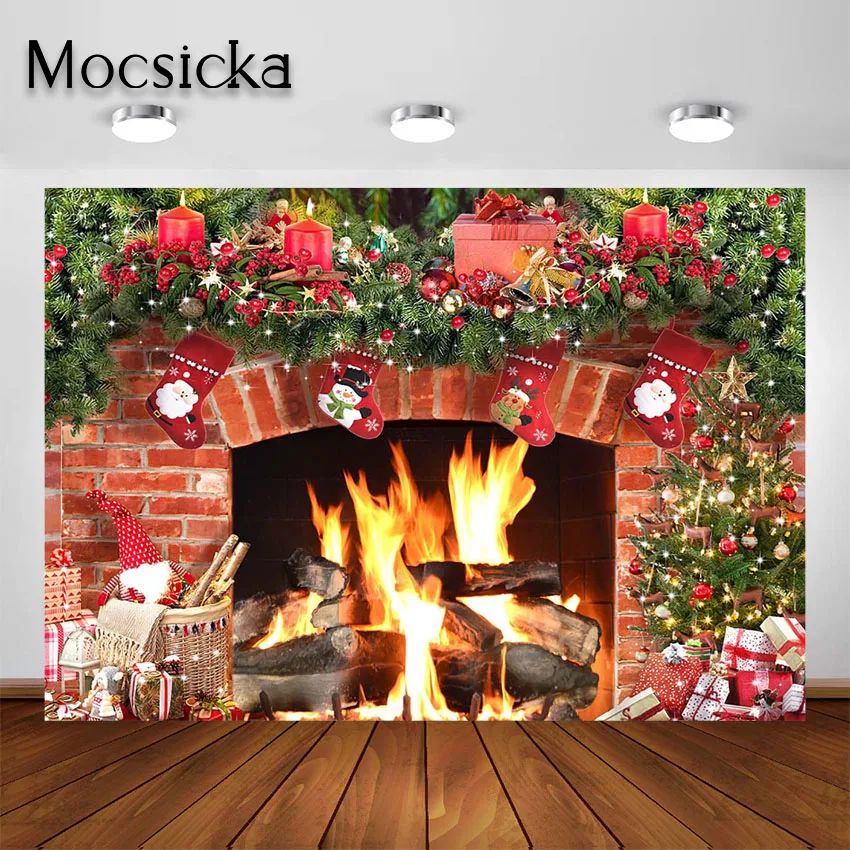 Mocsicka Brick Wall Fireplace Backdrops for Photography Xmas Tree Kids Christmas Portrait Photo Studio Background Photoshoot