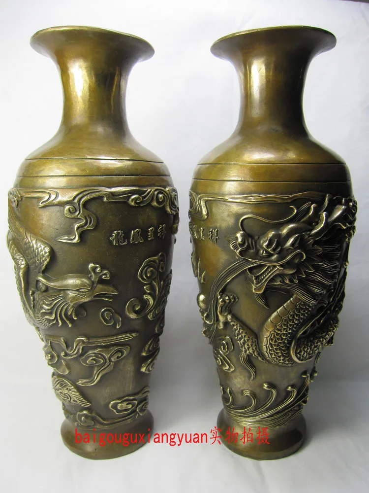 Marked Chinese Copper BRASS dragon phoenix crane flower Bottle Pot vase pair Garden Decoration 100% real Brass BRASS