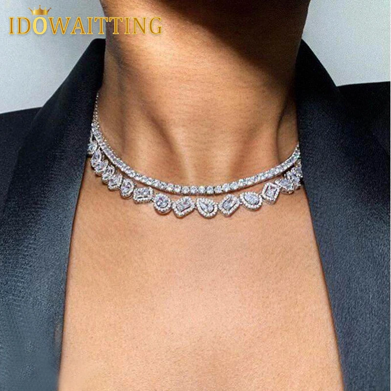 Women Wedding Jewelry Geometric Halo CZ Cluster Tennis Choker Necklace Various Shaped 5A Cubic Zirconia Iced Out Bling Jewelry