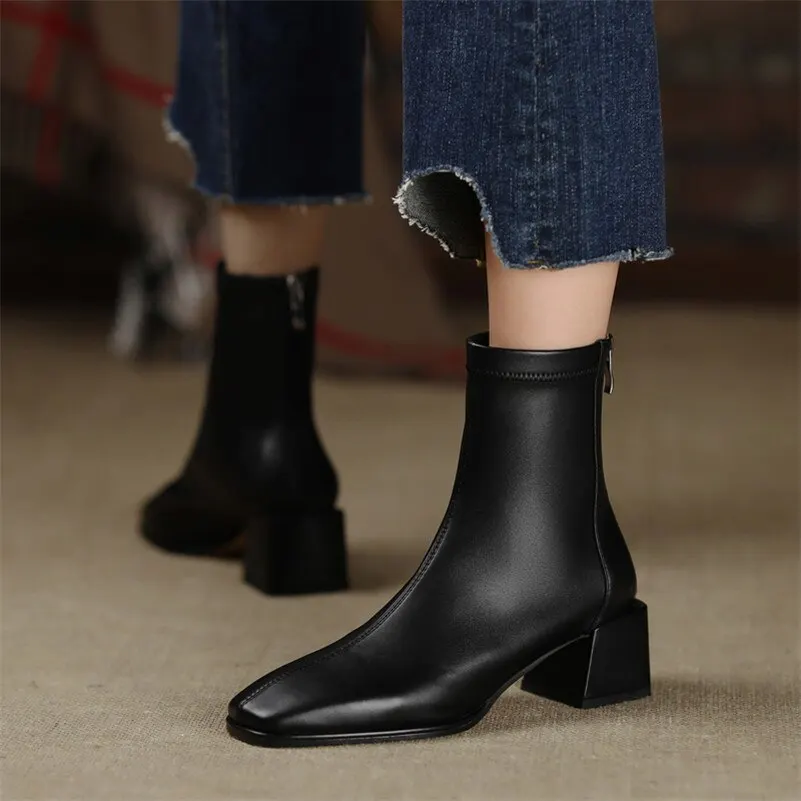 Meotina Ankle Boots Women Genuine Leather High Heel Shoes Thick Heel Short Boots Zip Square Toe Ladies Boots Autumn Winter Beige