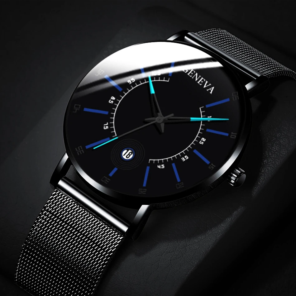 2020 Geneva Mens Watches Balck Ultra Thin Stainless Steel Mesh Band Calendar Quartz Wristwatches Relogio Masculino reloj mujer