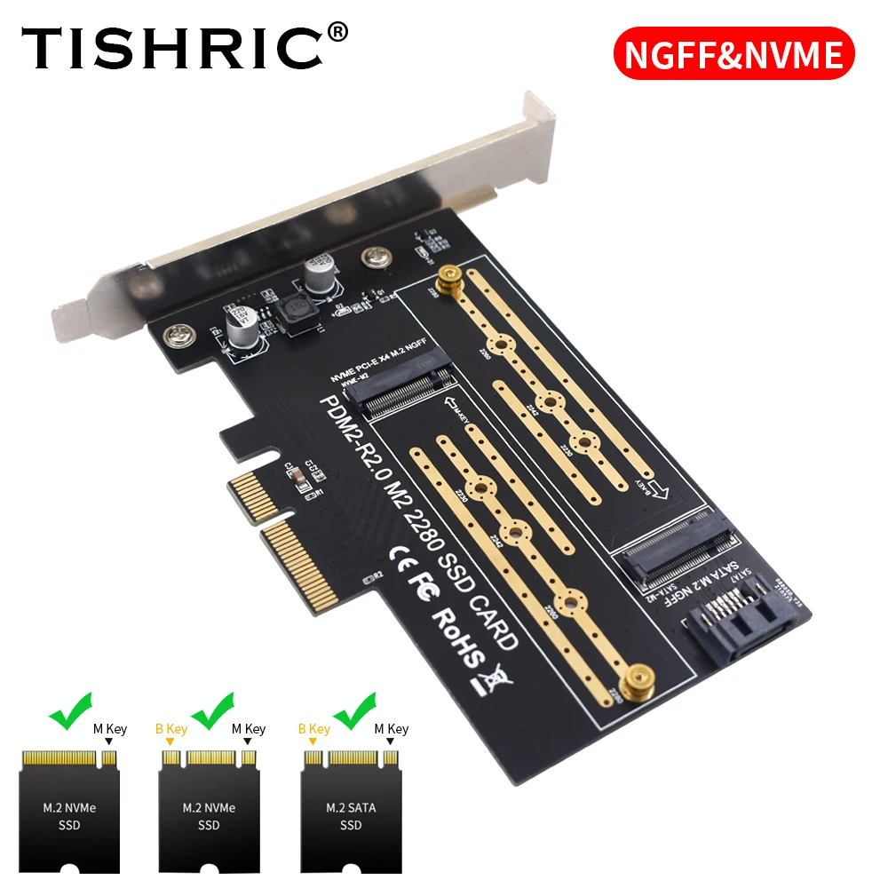 TISHRIC Dual interface Baffle NVME NGFF To PCIE 4x With M.2 SATA SSD Solid  Drive M/B Key interface Support 2230 2242 2260 2280