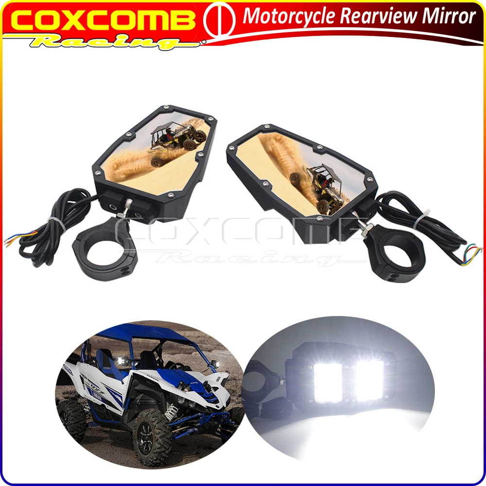 1.75 & 2 inch UTV Roll Cage Rear View Mirrors W/ LED Spot Light For Yamaha Rhino For Can Am Commander Polaris Ranger RZR Honda