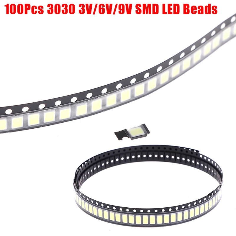 100Pcs 3030 SMD LED perline 1W 3V/6V/9V luce bianca fredda per TV LED diodi LCD TV retroilluminazione perline