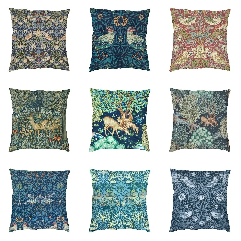 William Morris Strawberry Thief Pattern Throw Pillows Cover Decoration Vintage Floral Textile Cushion Cover Sofa Pillowcase