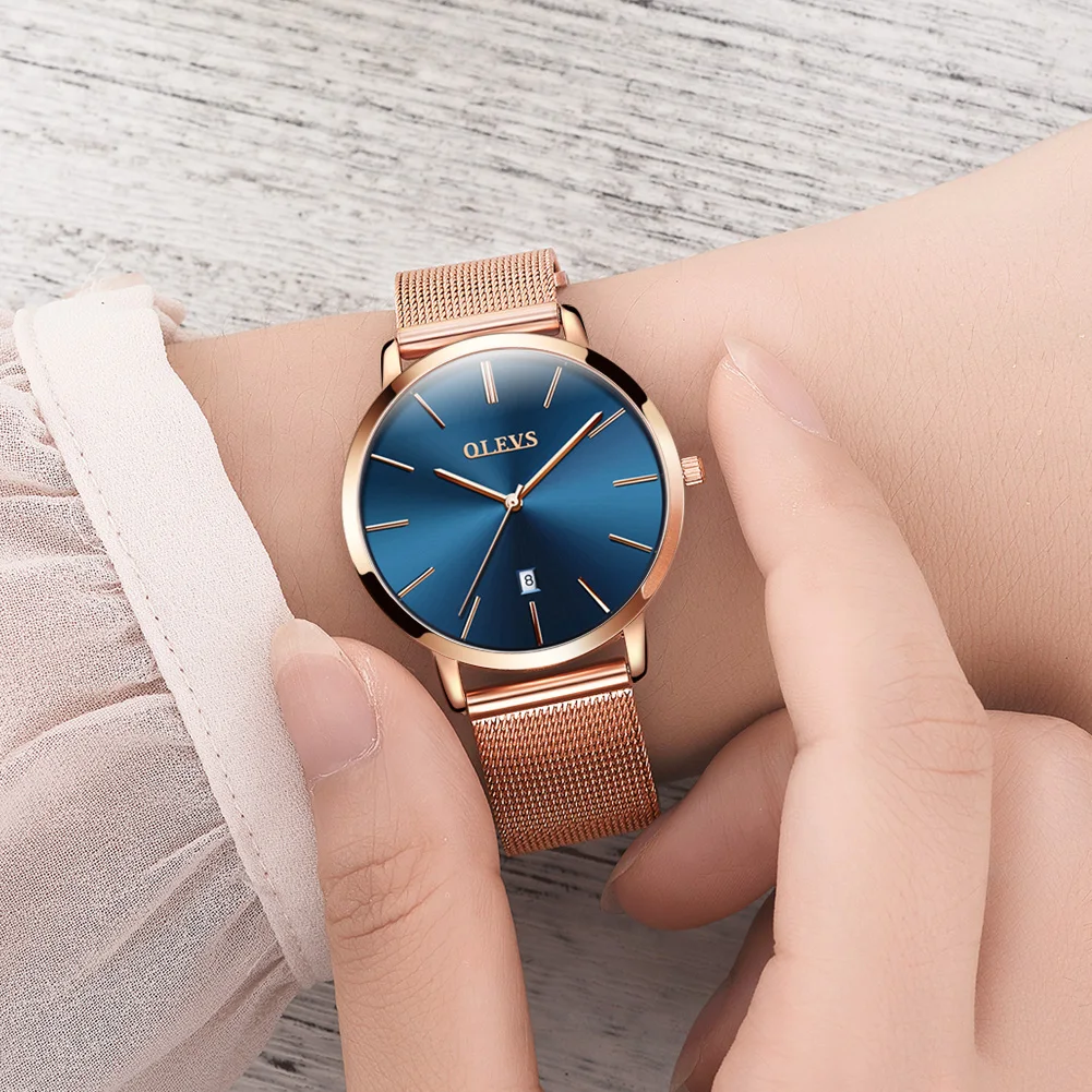 OLEVS-Montre à Quartz Étanche pour Femme, Acier Inoxydable, Or Rose, Coffret Cadeau, Luxe