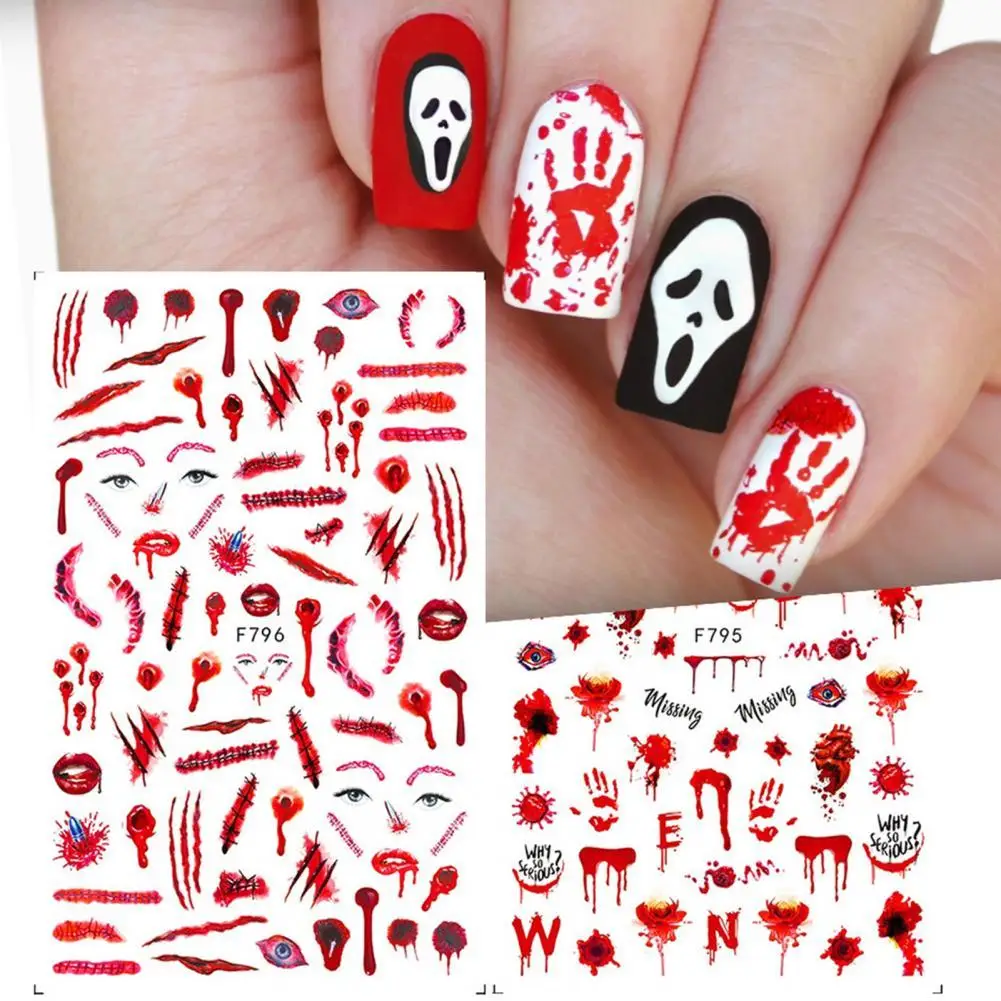 2Pcs/Set Bloody Nail Horror Sticker Halloween Patterns Red Eyes Unique Hands Sliders Suture Scars DIY Nail Art Stickers Manicure