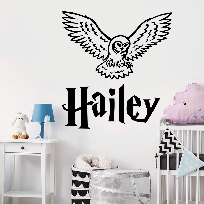 Custom Name Owl Movie Potter Harr Wall Sticker Personalized Name Jungel Animal Bird Wall Decal Kids Room Nursery Vinyl Decor