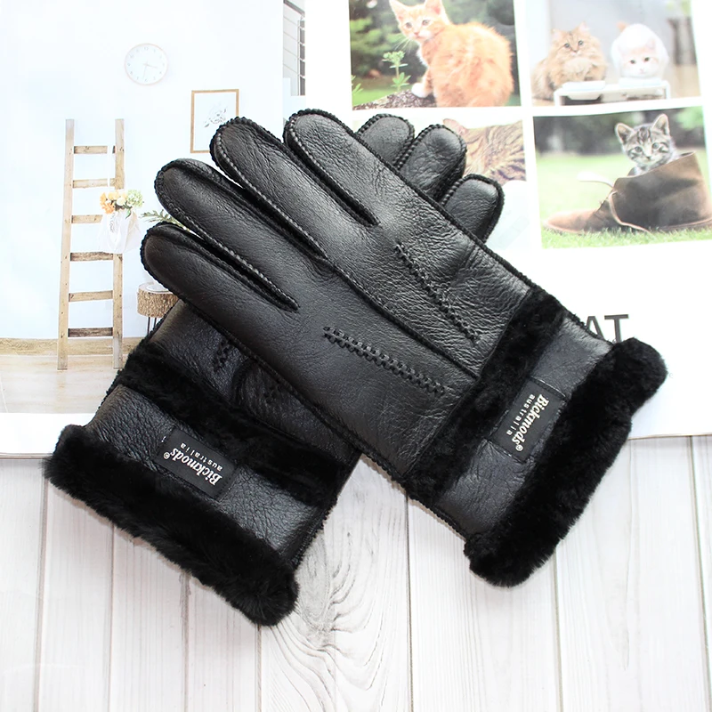 Winter Thick Warm Sheepskin Fur Gloves Men\'s Fashion Leather Windproof and Cold-Proof Wool Outdoor Driving Dloves Points