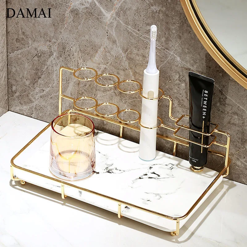 Marble Texture Ceramic Storage Tray Decorative Bathroom Toothbrush Toothpaste Shelf Glass Mug Skin Care Product Organizer Trays