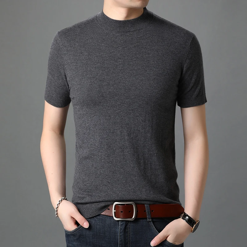 

Man Pure Wool Sweater Short Sleeve Cashmere Jumper Male 100% Sheep Wool T Shirts Solid Color Knit Tops Pullovers