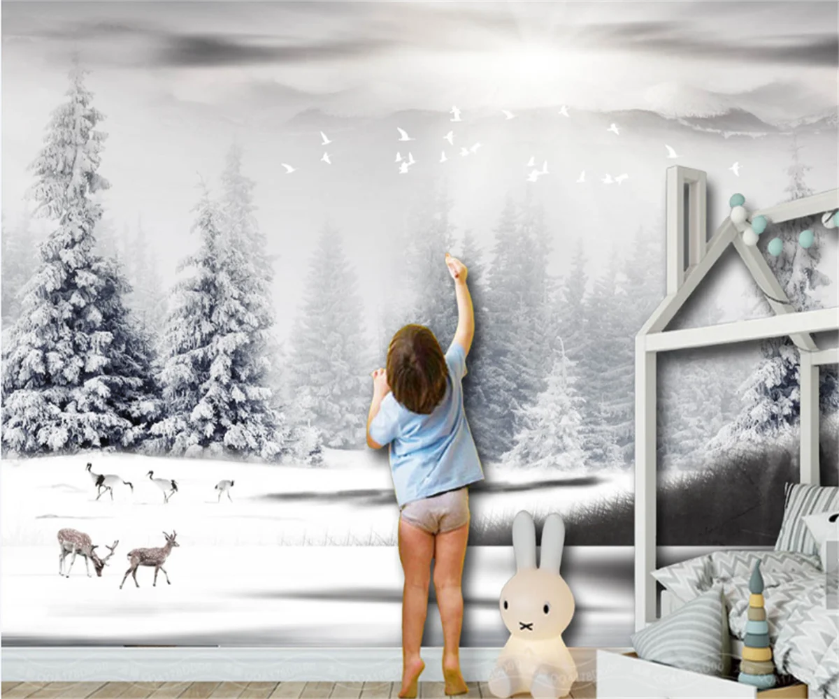 Nordic Pine needles snow 3D custom wallpaper beautiful elk furniture decoration mural TV wall photo background painting