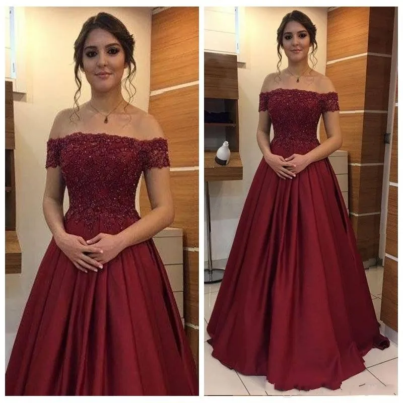 Sexy Boat-Neck Long Evening Party Dresses Off-Shoulder Beaded Appliques Full-Length Satin Formal Celebrity Prom Dresses