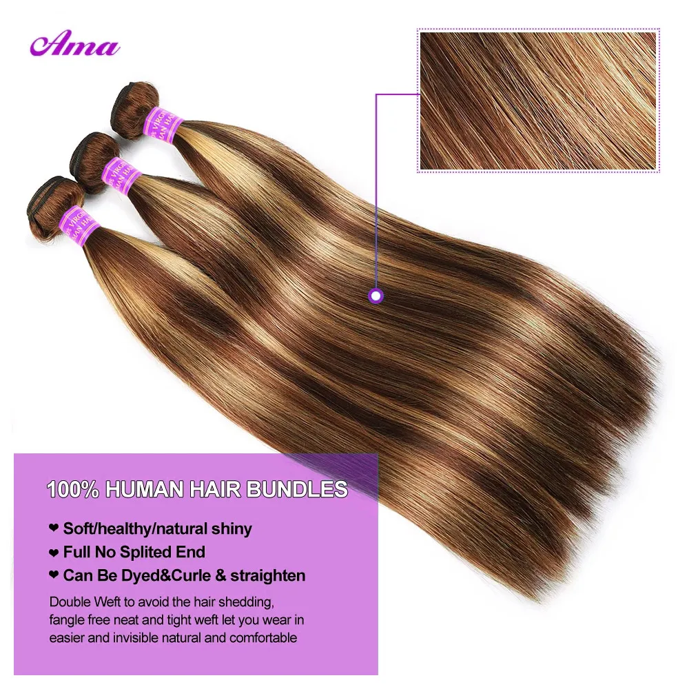 P4 27 Highlight Bundles With Closure Bone Straight Bundles With Closure 4x4 Inch Brown Human Hair Bundles With Closure Free Part