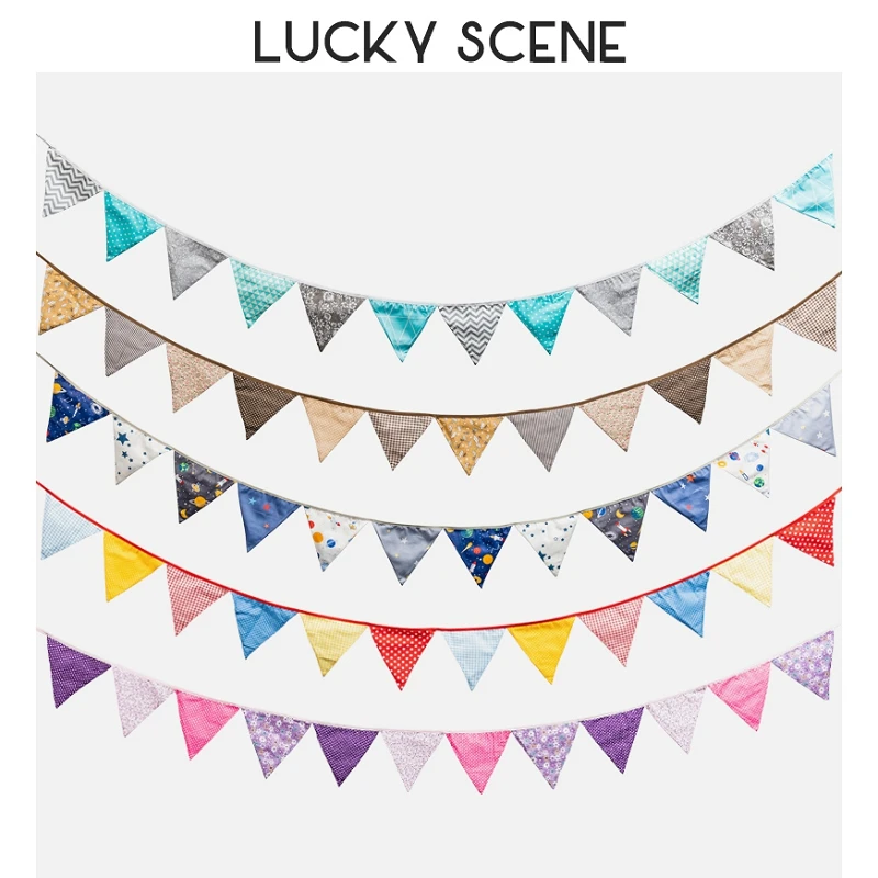 12 Flags Cotton Cloth Pennant Bunting Banner Party Decorations Happy Birthday Wedding Decoration Nordic Colored Flag S01163