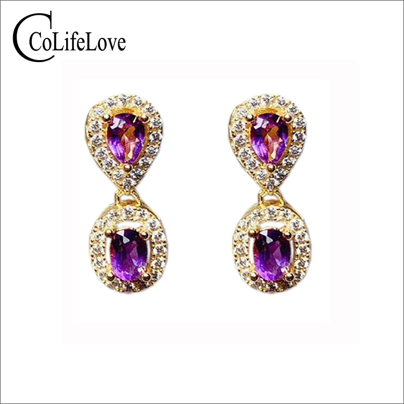 CoLife Jewelry 925 Silver Amethyst Drop Earrings for Drop Earrings 4 Pieces Natural Amethyst Dangler Fashion Earrings