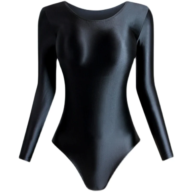 New Sexy women Silky Shiny High fork One-piece swimsuit Tights Oily Rompers Bodysuit  Plus size Crew neck top with bottoming