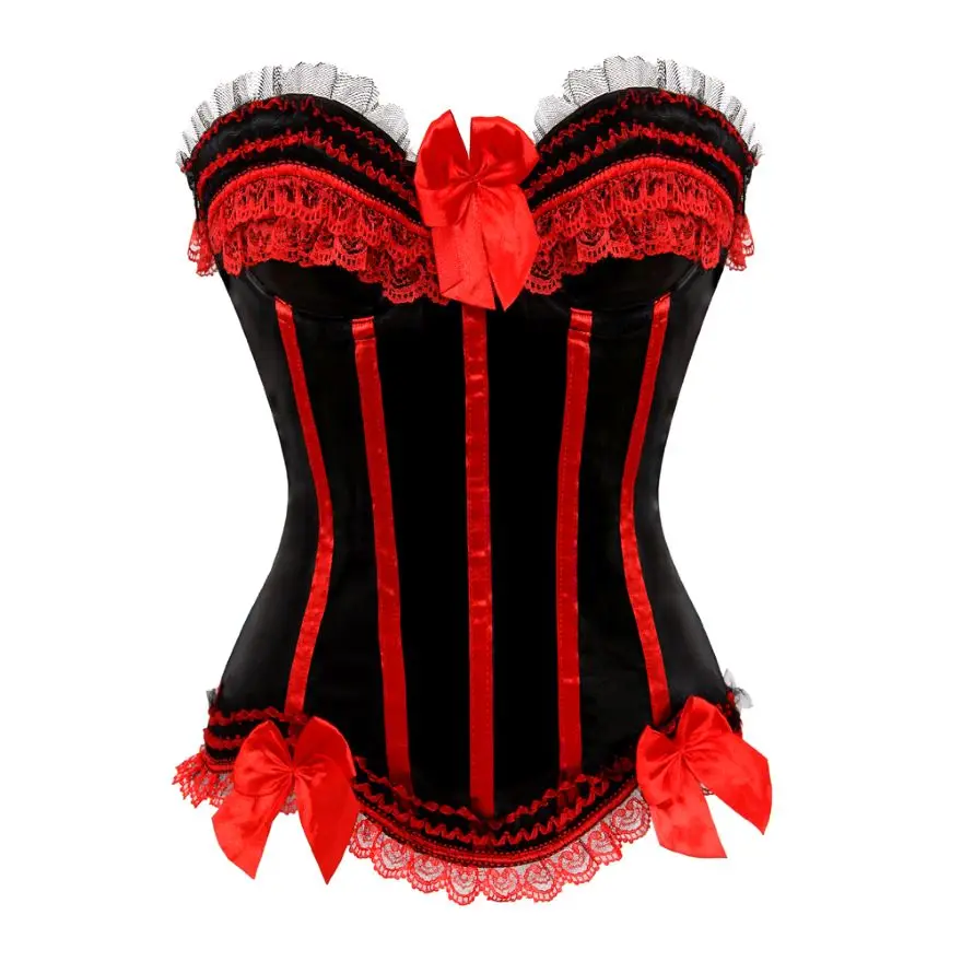 Women Sexy Lace Bow Trim Overbust Corsets Bustiers Showgirl Satin Waist Cincher Body Shaper Lace Up Corset Bustier Lingerie Top