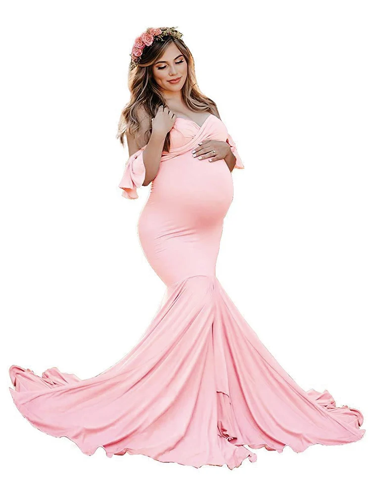 green emerald velvet dress Off-Shoulder Sheer Double Skirt Maternity Dress