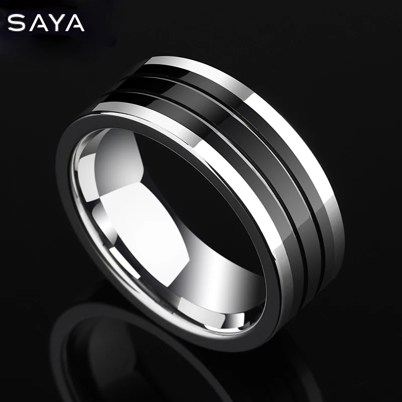 8MM Width High Polished Rings for Men Tungsten Carbide Band for Anniversary Inlay Black Ceramic, Customized