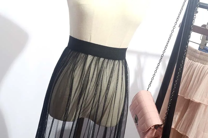 2019 Nieuwe Single-Layer See-Through Mesh Rok Transparante Gaas Casual Elegante Knielange Zwart Wit Hoge taille Elastische Rok
