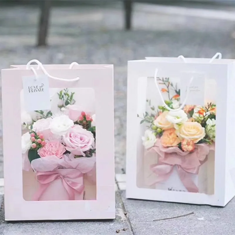 Tote Square Transparent Window Paper Bags White/Pink Creative Flower Bouquet Packaging Cases Candy Box Christmas Gift Packing