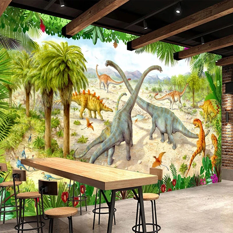 Custom Mural Wallpaper 3D Cartoon Dinosaur Green Forest Children's Bedroom Background Backdrop Wall Sticker Papel De Pared