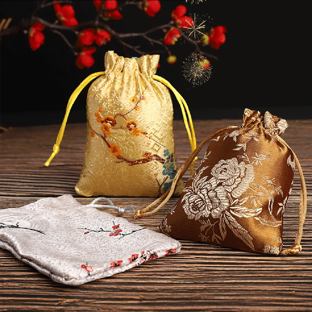 Satin Embroidered Vintage Storage Bag Christmas Drawstring Adjustable Wedding Birthday Jewllery Packing Gift Bags Pouches