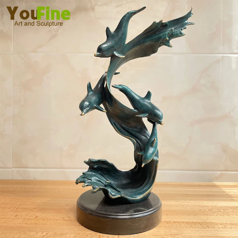 

18.5inch Bronze Dolphin Sculpture Bronze Leaping Dolphins Statue Of Art Crafts With Marble Base For Home Decoration Ornament