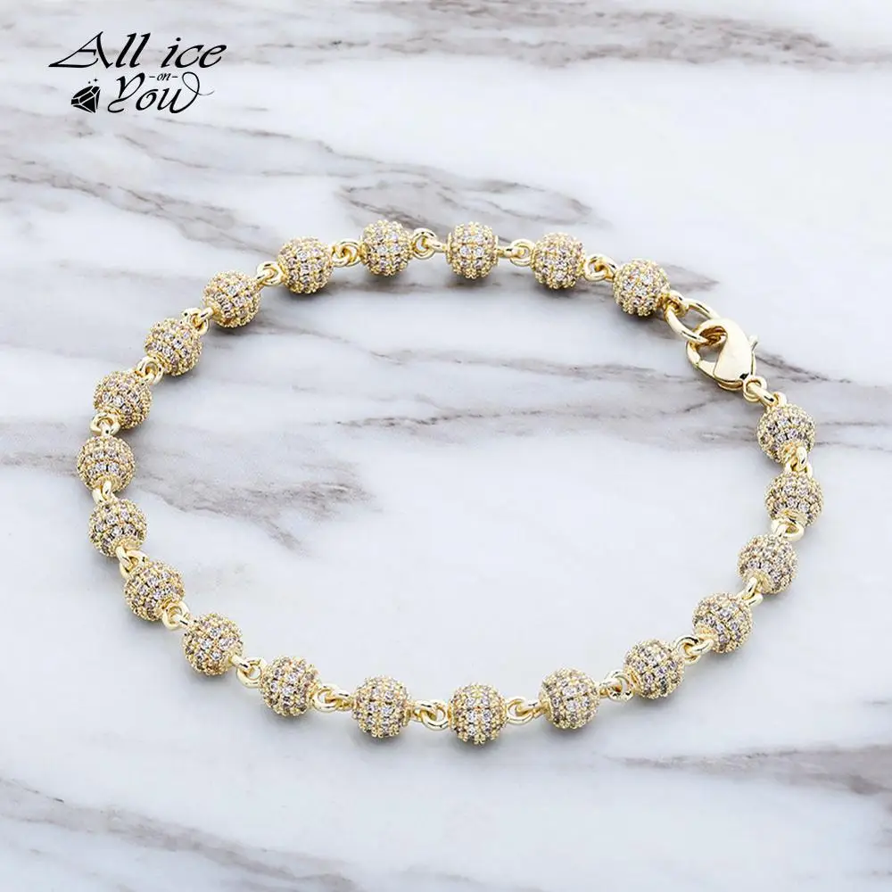 ALLICEONYOU 6mm Round Ball Hip Hop Charm Bracelet Iced Out Cubic Zirconia Gold Silver Color Bracelet Punk Bling Jewelry For Gift