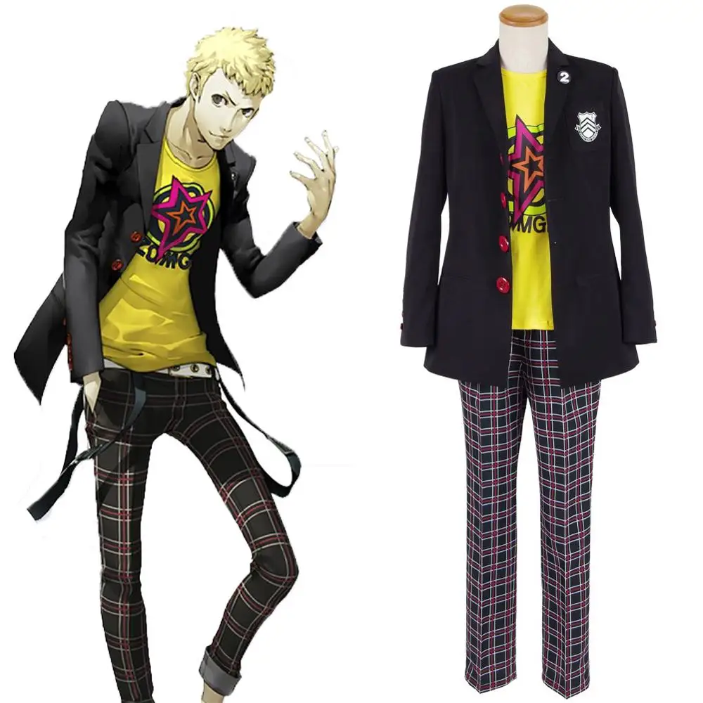 

Anime Cosplay Persona 5 Sakamoto Ryoji Role Play Clothes Outfit Attire School Uniform Halloween Carnival Costumes and Wig Suit