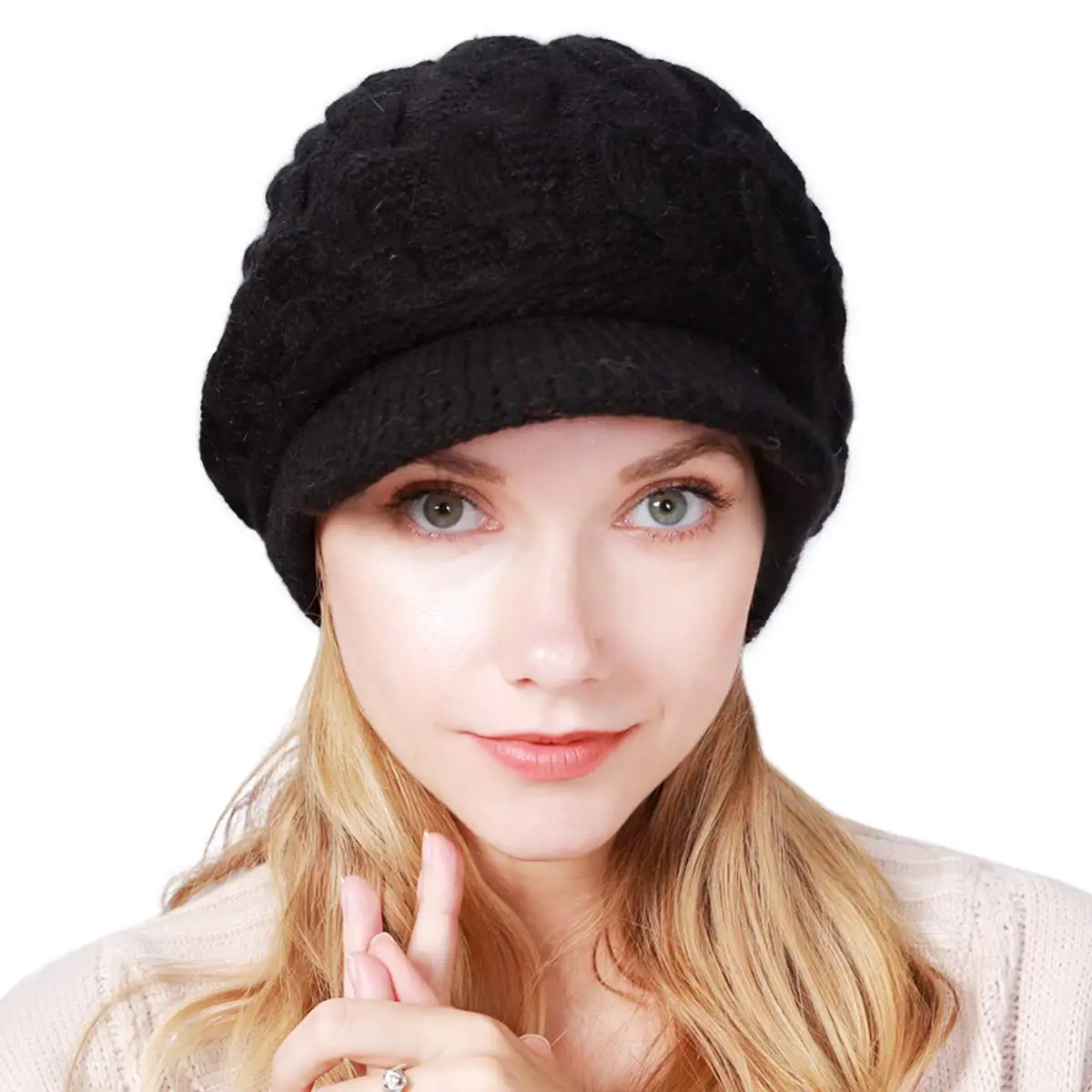 High Quality Wool Women's Winter Warm Slouchy Cable Knit Beanie Skull Beret Hat With Visor Outdoor Thicken Lady Bonnet