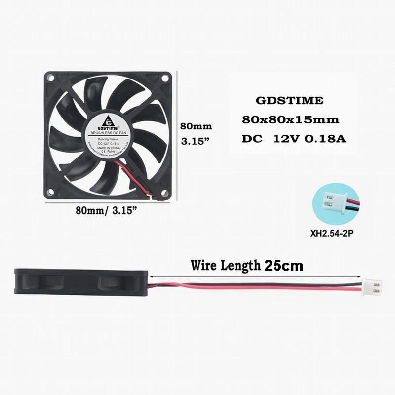 50 pcs Gdstime DC 12V Silent Cooler 2Pin 80mm x 15mm Computer Case PC Brushless Cooling Fan 80*80*15mm 8cm 8015