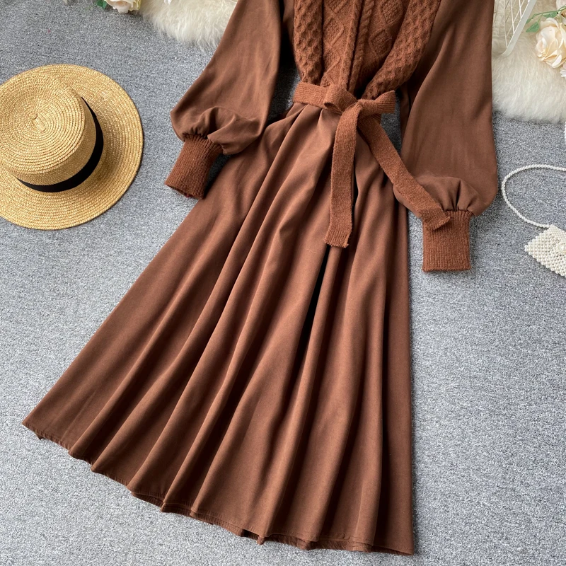 Elegant Solid Women Dress Fashion Korean Splice Knitted O Neck Puff Sleeve Dresses Autumn Streetwear A-line Dress 2020