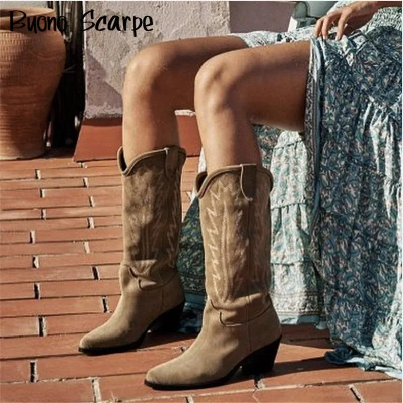 Natural Suede Embroidered Women Boots Leather Handmade Pointed Toe Spike Heel Autumn Winter Boots Cowboy New Western Retro Botas