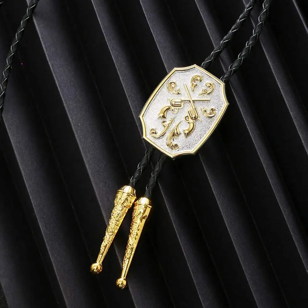 Gouble gun  GOLD bolo tie for man Indian cowboy western cowgirl leather rope zinc alloy necktie